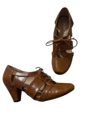 chelsea crew tan lace-up cutout block heels, retro vintage, size 38